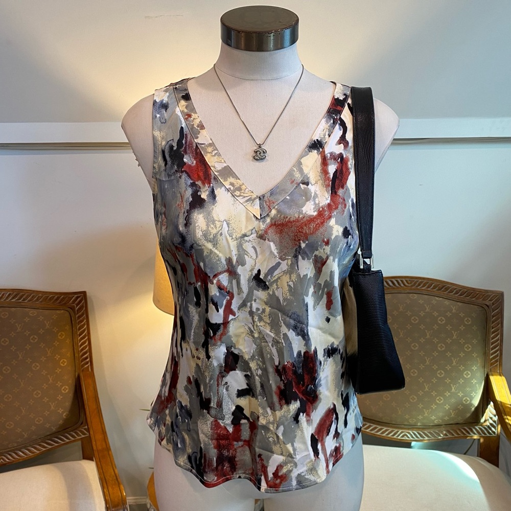 Anne Klein Multicolor Abstract Satin V-Neck Blouse, Women's Small, Office Chic